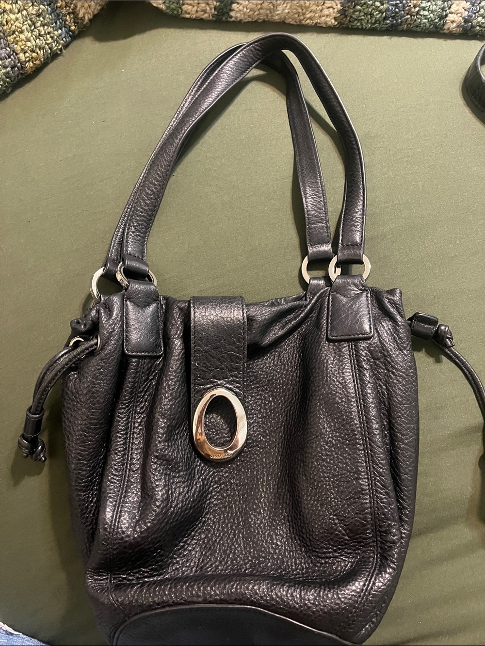 Oroton Black Pebbled Leather Shoulder Bag with Silver Hardware